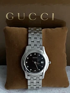 Gucci Watch Diamonds Silver Bracelet Black Face Swiss 5500XL in Box - Picture 1 of 12