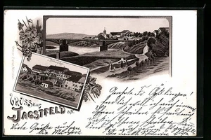 Lithographie Jagstfeld a. N., Hotel Bräuninger, Uferpartie mit Brücke 1899 - Picture 1 of 2