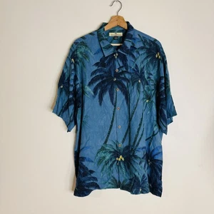 Tommy Bahama Shirt Mens Large Blue Silk Palm Tree Hawaiian Button Up Camp Casual - Picture 1 of 9