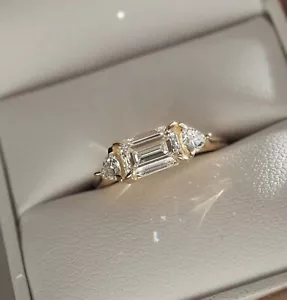 2.00Ct Emerald Cut Lab-Created Diamond Three Stone Ring 14k Yellow Gold Plated - Picture 1 of 5