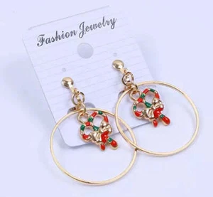 Clip on 1 3/4" gold hoop earrings with a red and green stripe candy cane - Picture 1 of 2