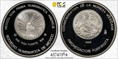 1993 Mo Mexico Numismatic Society Peso Fuerte Silver Medal PCGS SP68 - Image 1 of 2