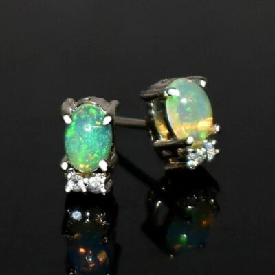 Genuine Fire Opal Oval Cabochon Gemstone 925 Sterling Silver Women Stud Earrings - Image 1 of 4