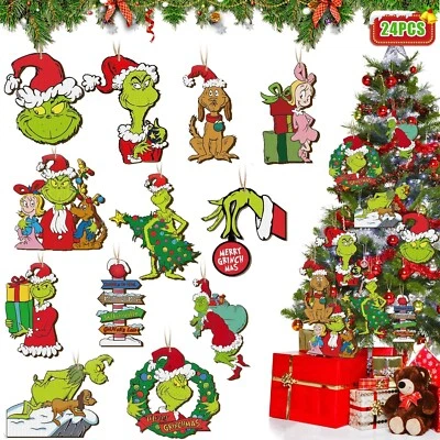 24 PCS Grinch Christmas Tree Ornaments, Hanging Xmas Grinch Wooden Decorations - Image 1 of 4