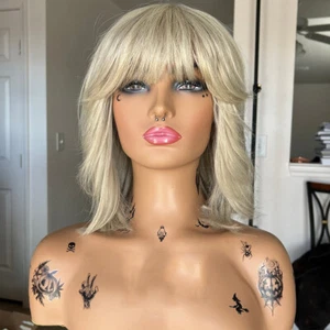 Remy Human Hair Wig Platinum Blonde Bob Cut Human Hair Wig None Lace - Picture 1 of 7