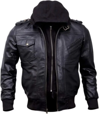 Kid's Genuine Black Hooded Bomber Leather Jacket | Leather Jackets for Kids Hood - Image 1 of 4