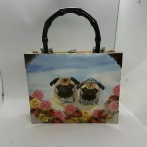 Sparkly Pug Dogs Wedding and Flowers Cigar Box Handbag Purse Boho Retro Unique - Picture 1 of 10