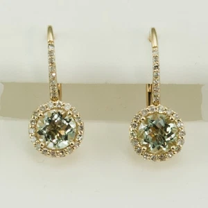 14K GELBGOLD EURO DRAHT OHRRINGE GRÜNER AMETHYST & 0,50 CT HALO DESIGN DIAMANT - Bild 1 von 9