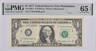 PMG Gem Unc 65 EPQ $1 1977 Philadelphia, PA US Federal Reserve Fr#1909-C *0453 - Image 1 of 3