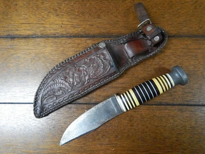 Vintage RARE 1955-1965 Candy Stripe Ka Bar Hunting Fixed Blade Knife W/ Sheath - Image 1 of 4