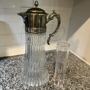 Vtg 14” Art Deco Silver Plated Crystal Glass Decanter Carafe Chiller W/Insert - Picture 1 of 8