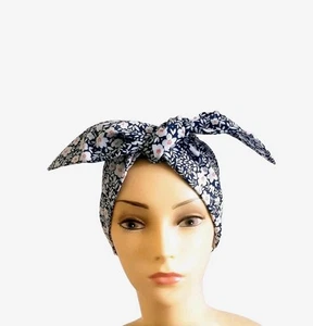 HANDMADE - Vintage - Blue - Floral Themed - Self-Tie Pin Up Head Scarf - Picture 1 of 3