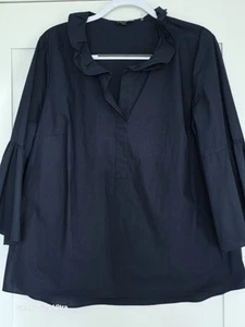 Navy Blue Le Gali Ruffle Neck Bell Sleeve Blouse EUC L - Picture 1 of 6