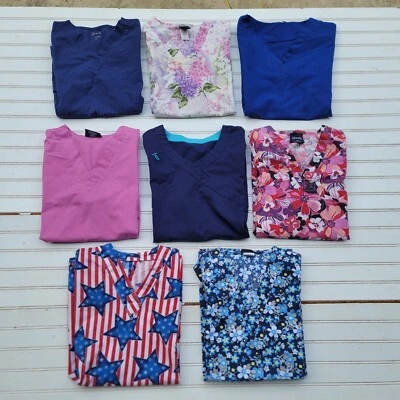 Lot Of 8 Womens Scrub Uniform Tops Printed SB Cherokee Pink Blue Floral Blue S - Image 1 of 4