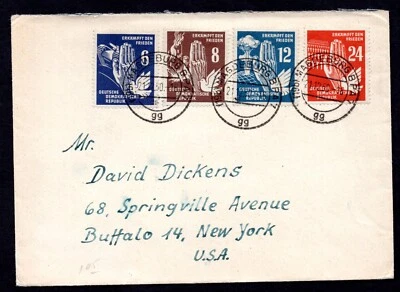 GERMANY DDR 1956 TO US FIGHT FOR PEACE SET, SC. #71-74, TIED MAGDEBURG TO N.Y. - Image 1 of 2