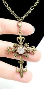 Bronze Cross With Center Rhinestone Necklace - Picture 1 of 6