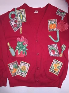 Woman’s Jerzees Cardigan Sweater W/Flowers And Seed Packet Design Sku C - Picture 1 of 8