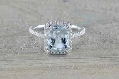 Women Wedding Gift Ring 14K White Gold Plated 2Ct Cushion Lab-Created Aquamarine - Image 1 of 4