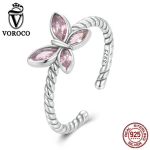 Anillo de apertura Voroco ajustable de plata de ley 925 rosa mariposa moda para mujer - Imagen 1 de 11