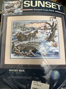 Vintage 1999 Sunset Stamped Cross Stitch Kit "Wintry Ride" #13108 14x10 New - Picture 1 of 5