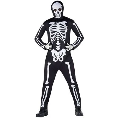 Adult Skeleton Jumpsuit Costume M - XXL Mens Scary Halloween Hooded Bodysuit - Image 1 of 4