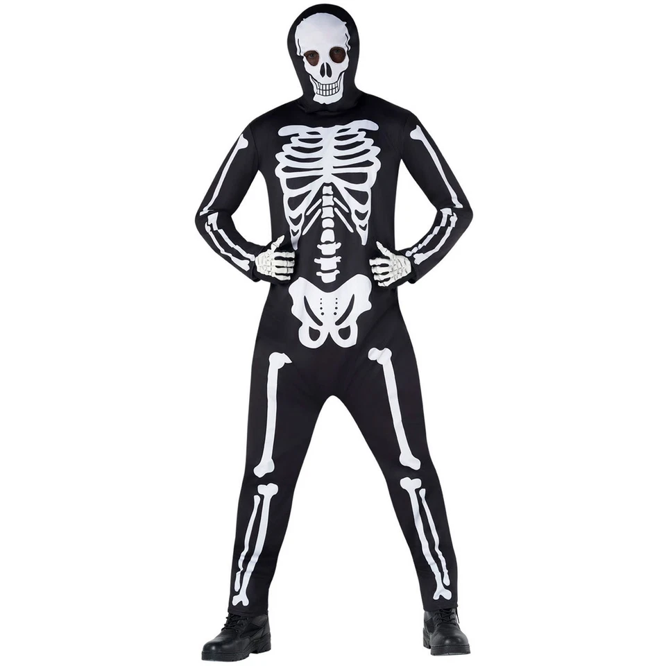 Adult Skeleton Jumpsuit Costume M - XXL Mens Scary Halloween Hooded Bodysuit - Image 1 of 4