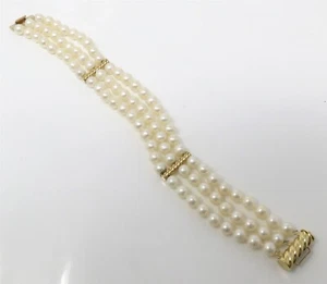 NYJEWEL 14k Yellow Gold Three Strands Cultured Pearl Bracelet 7.25 Inches - Picture 1 of 3