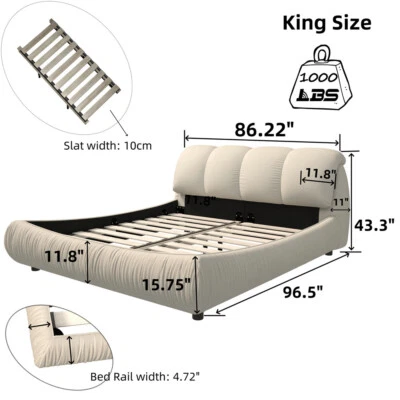 King Size Upholstered Platform Bed Frames w/Oversized Padded Backrest Headboard - Image 1 of 4