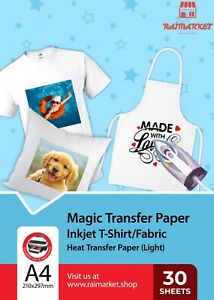 30x A4 Iron on T Shirt Transfer Paper for Light Fabric Heat Press Inkjet Printer