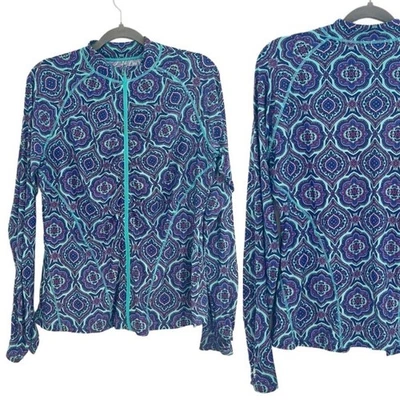 Chaqueta deportiva Coolibar azul manga larga geométrica golf pickleball UV SPF 50 L Foto 1 de 4