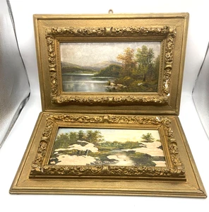 #SE2649# 2 piezas pintura al óleo antigua sobre madera firmada *L Voigs?* ¡Leer paisaje! - Imagen 1 de 15