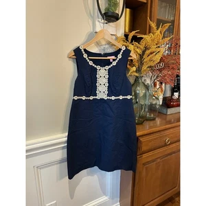 Vestido Lilly Pulitzer Azul Marino Sin Mangas Adornado Crochet Ribete Talla 8 - Imagen 1 de 9