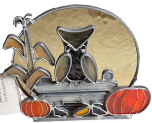 NWT Artist Made Stained Glass OWL & Pumpkin Tea Light Candle Holder Screen Vtg - Picture 1 of 6
