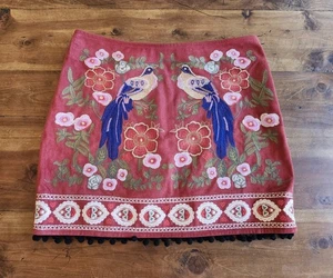 Women's Short Boho Skirt Large Embroidered Floral Birds Suede Look Pom Poms - Picture 1 of 9