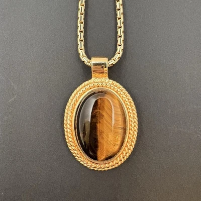 Collar Colgante Clásico Brillante 24" Piedra Ojo de Tigre Romano Vintage Tono Dorado Foto 1 de 4