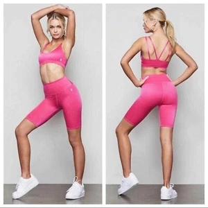 Neu mit Etikett Good American glänzender Damen-Sport-BH mit Doppelträgern Stretch pink Größe 4 - Bild 1 von 6