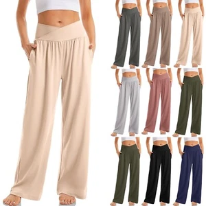 Women's High Waist Solid Pants Yoga Sweatpants Pockets Wide Leg Gym Sweatpants - Picture 1 of 40
