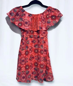 Girls Wonder Nation Bright Coral Floral Boho Off Shoulder Dress Size M 7-8 - Picture 1 of 6