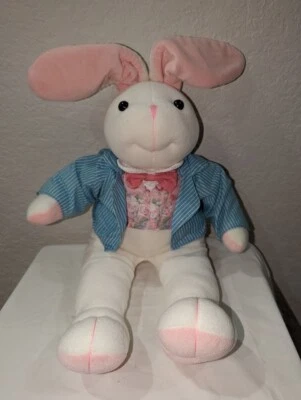 Vintage Velveteen Rabbits White Rabbit With Pink Bowtie and Blue Striped Jacket  - Image 1 of 4
