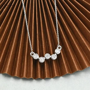 14k White Gold 0.15 TCW Five White Diamond Chain Necklace Wedding Gift Necklace - Picture 1 of 9