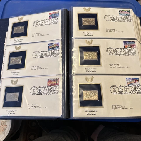 GREETINGS FROM AMERICA FIRST DAY OF ISSUE 22 KT GOLD REPLICA Stamp Full Set ￼50 Cover