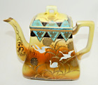 Antique Moriage Teapot Art Deco Flying Swans Hand Painted Japan