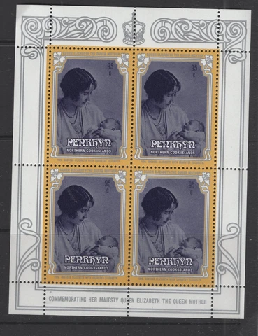 Penrhyn Island #320  (1985 Queen Mother .95 value sheet of 4) VFMNH CV $2.80 Cover