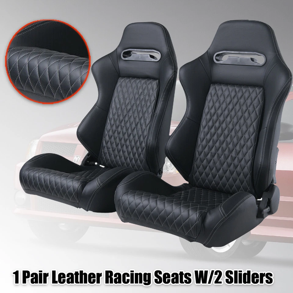 2Pcs Universal Black Leather Racing Seats Sport Seats Slide Recline W/2 Sliders Foto 1 de 4