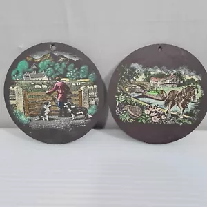 Slate Hand Painted Rustic Farm and River Scene On Slate Wall Art Farm House Boat - Picture 1 of 9