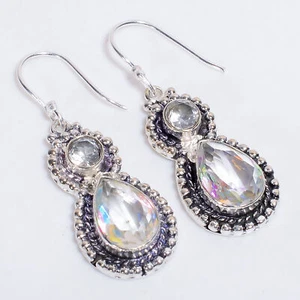 Mystic Quartz Crystal Gemstone Handmade 925 Sterling Silver Earrings 2.2" f913 - Picture 1 of 5