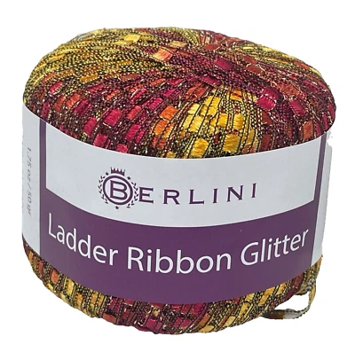 Berlini Ladder Ribbon Glitter Yarn 85 Tequila Sunrise Red Yellow + Gold 50g 142y - Image 1 of 4