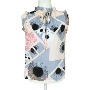 Lord & Taylor Sleeveless Blouse Size XS Pink Gray Floral Tie Neck Keyhole Ruffle - Picture 1 of 5
