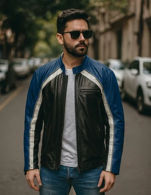 VTG Wilson Leather M. Julian Cafe Racer Mens Sz XL Moto Jacket Black Blue White - Image 1 of 4