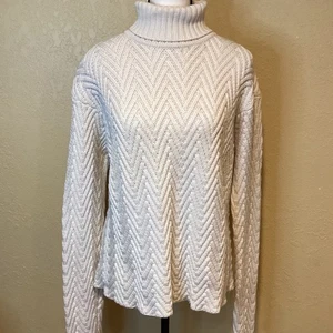 Eileen Fisher Chevron 100% Merino Wool Turtleneck Sweater, Cream, Size Small - Picture 1 of 7